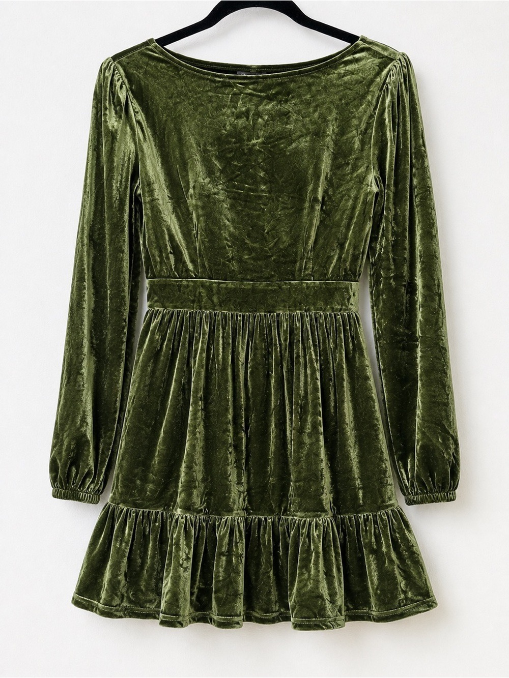 NWT Halara Velvet Mini Chill Dress Olive Green Deep V Ruffle Hem M - Picture 4 of 8